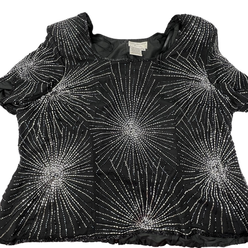 Vintage 80βs Papell Black Silk Beaded Scoop Neck Short Sleeve Cocktail Blouse 3X - Picture 9 of 15